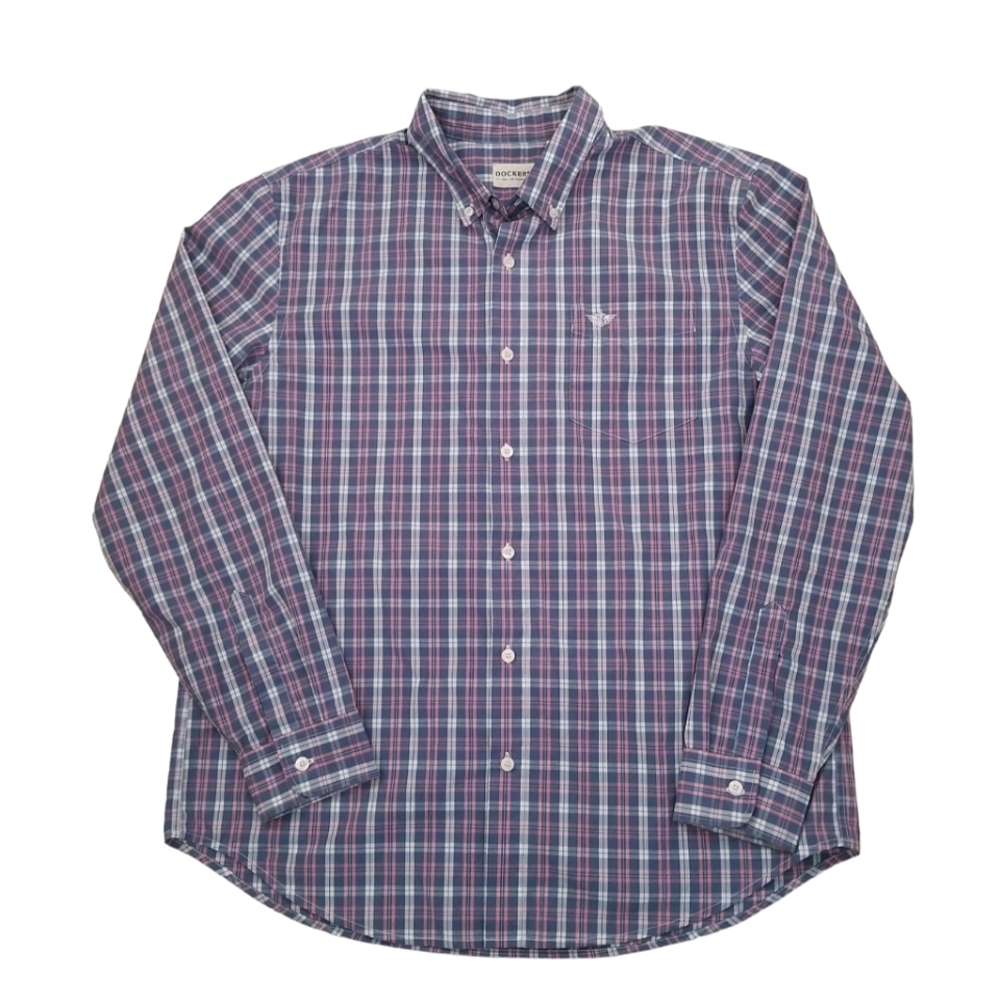 Dockers Shirt Size L Long Sleeve Checked Blue Plaid